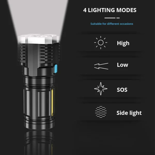 High-Power-LED-Flashlights-Camping-Torch-With-4-Lamp-Beads-And-COB-Side-Light-Rechargeable-Portable-4 ZOA High Power 4 LED Flashlights